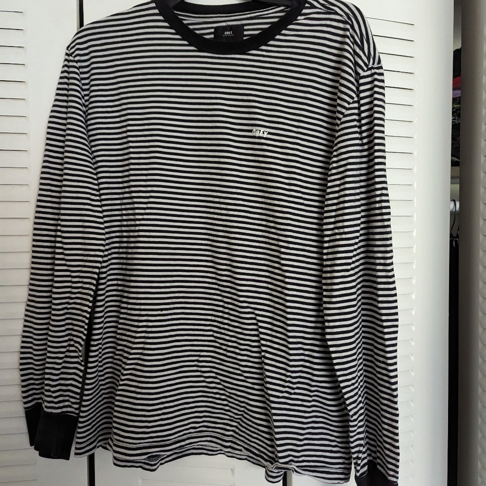 obey l/s with black & white stripes